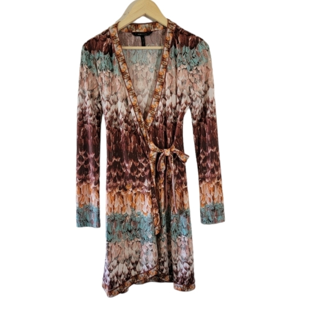 BCBG Maxazria Adele Multicolored Wrap Dress Sz XS  Feather Print Long Sleeve